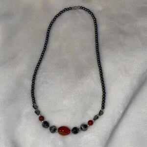 Hematite Bead Necklace with Red Agate Accent
